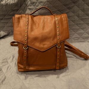 Lucky Brand LEATHER BACKPACK COGNAC Gold Studded ADJUSTABLE STRAPS unisex